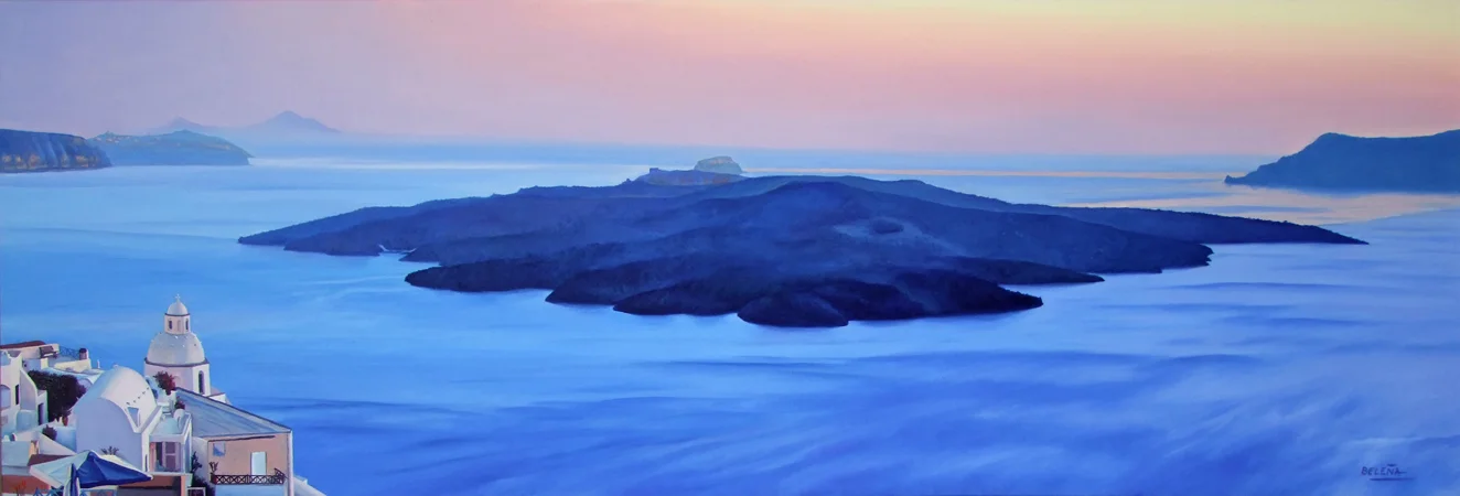 Santorini - Atardecer sobre el crater 150x50  Oleo sobre tela